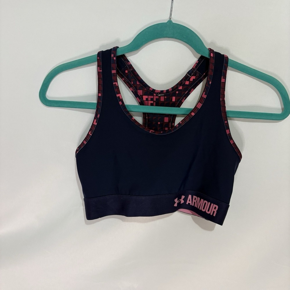 Under Armour Womens Mid Cross Back Sports Bra Navy Blue Pink 1285790 Size Medium